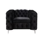 Single Seater Black Sofa Classic Armchair Button Tufted in Velvet Fabric with Metal Legs