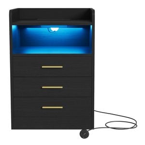 Ufurniture Bedside Table with LED Light and Charging Station 3 Drawers Black