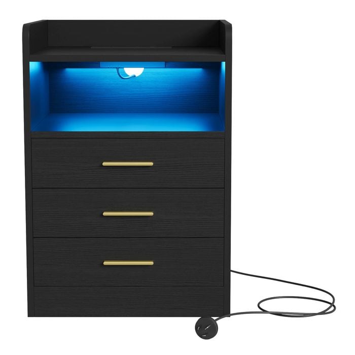 Ufurniture Bedside Table with LED Light and Charging Station 3 Drawers Black