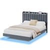 Advwin Floating Bed Frame With Led Lights And Charging Station, Velvet Upholstered Storage Headboard,queen Size,grey