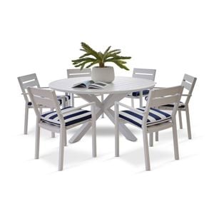 Houston Outdoor 1.5m Round Aluminium Dining Setting White With 6 Santorini Chairs & Navy Stripe Cushions