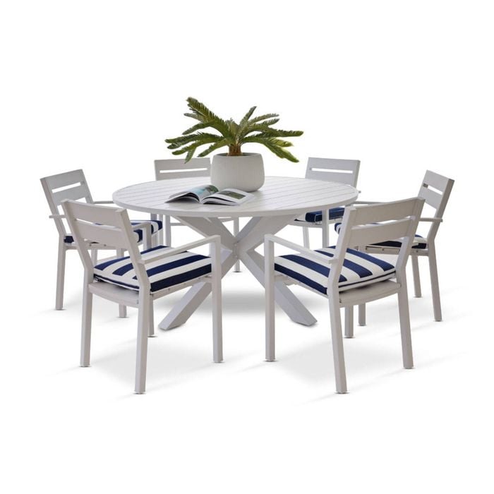 Houston Outdoor 1.5m Round Aluminium Dining Setting White With 6 Santorini Chairs & Navy Stripe Cushions
