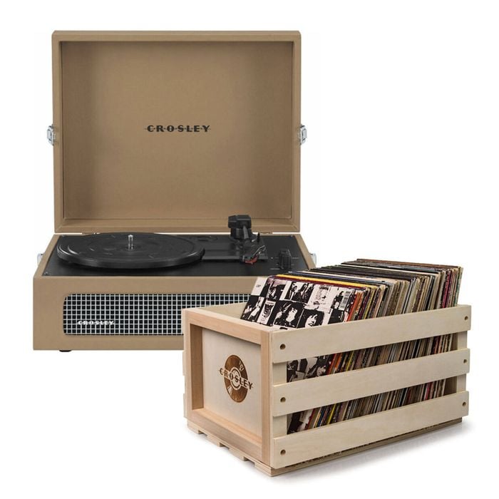 Crosley Voyager Bluetooth Portable Turntable - Bundled Record Storage Crate - Tan