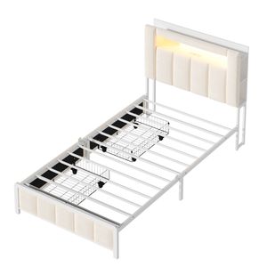 Ufurniture King Single Bed Frame with Hidden Storage and LED Headboard & 2 Drawers Beige