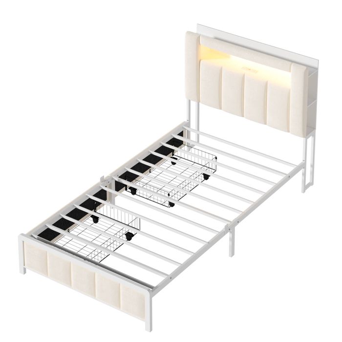 Ufurniture King Single Bed Frame with Hidden Storage and LED Headboard & 2 Drawers Beige