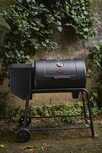 A meat smoker in front of a vine covered wall