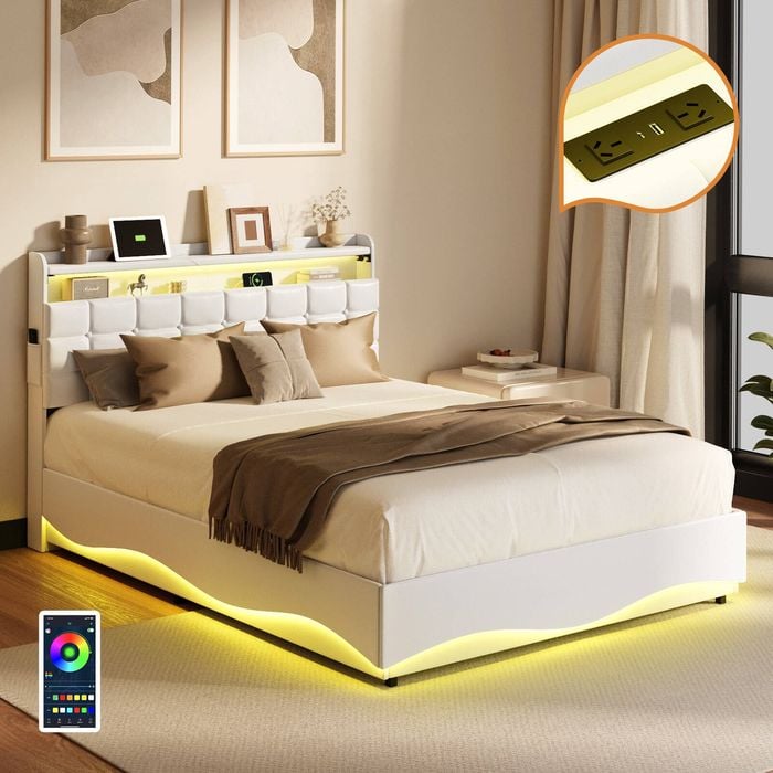 Oikiture Bed Frame Queen Size Gas Lift Storage With LED Light USB Charging