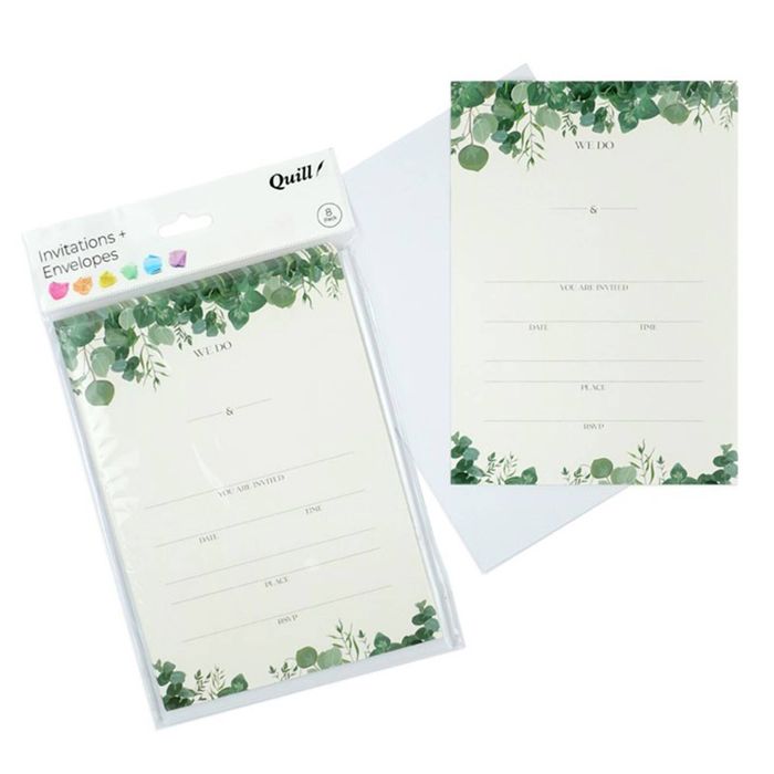 Quill Invitation Card & Envelope 25x175mm 8pk (Bot Wedding)