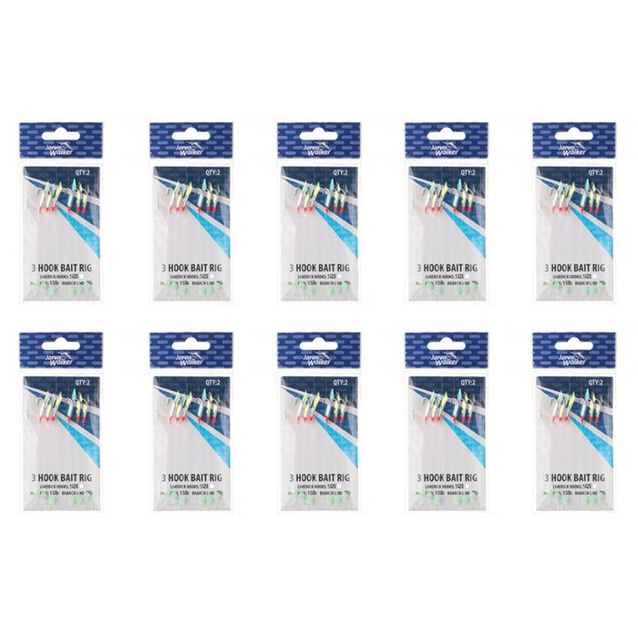 10x 2PK Jarvis Walker 3 Hook Bait Rigs 12lb Main Line & 9lb Branch Line- Size 6