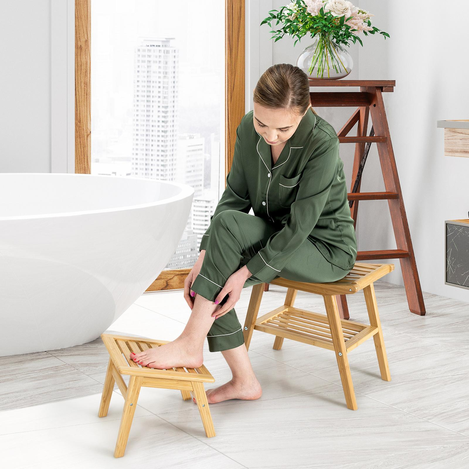 Costway Bamboo Shower Seat Chair Bench Wood Foot Stool Set w Storage Shelf Bunnings Australia