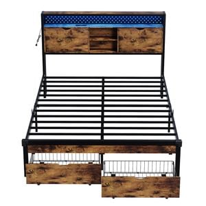 Ufurniture Bed Frame with Storage Headboard LED Lights & Power Outlets 2 Underbed Storage Drawers Double Rustic Brown