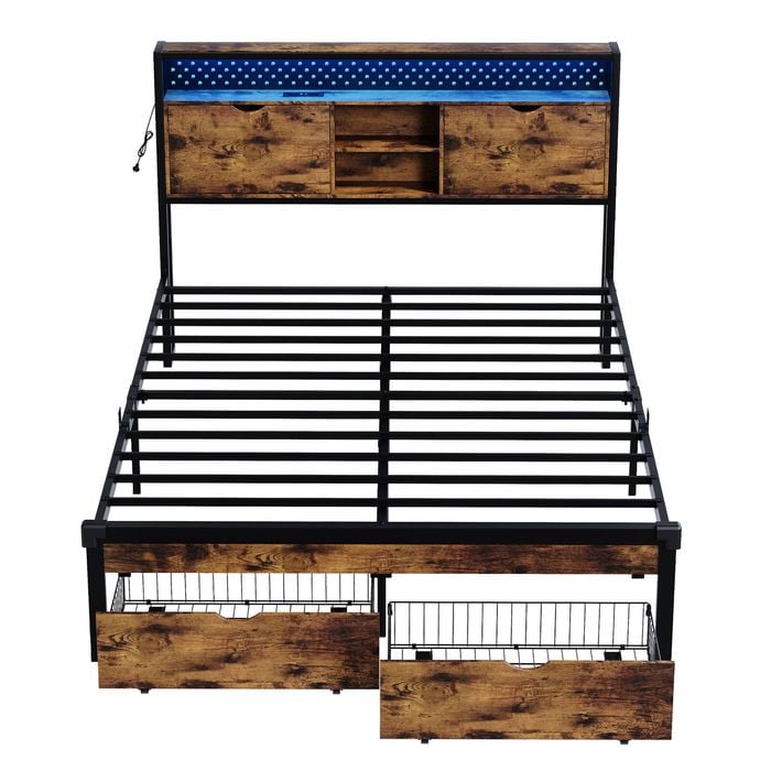 Ufurniture Bed Frame with Storage Headboard LED Lights & Power Outlets 2 Underbed Storage Drawers Double Rustic Brown