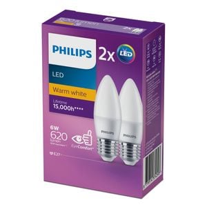 Philips P45 E27 LED 620lm Warm White 6W Candle - 2 Pack