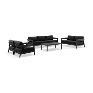 Bronte 3+2+1+1 Outdoor Aluminium Lounge Setting Charcoal With Coffee Table & Denim Grey Cushions
