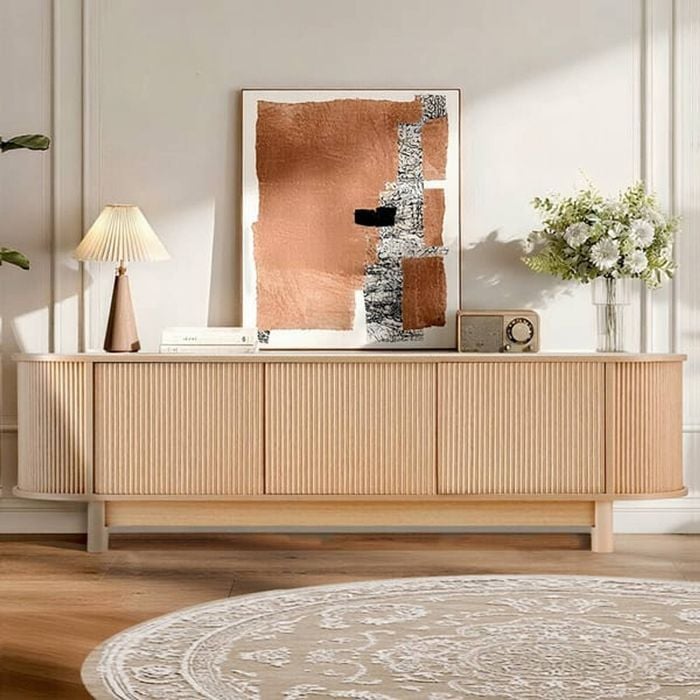 Homfurn Tv Cabinet 160cm Pine Fluted Doors – Entertainment Unit Media Storage