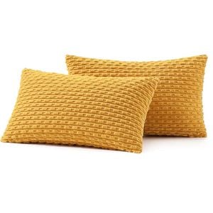 Catzon 2 Pcs Throw Pillow Covers Soft Striped Corduroy Cushion Case for Couch 30X50cm-Yellow
