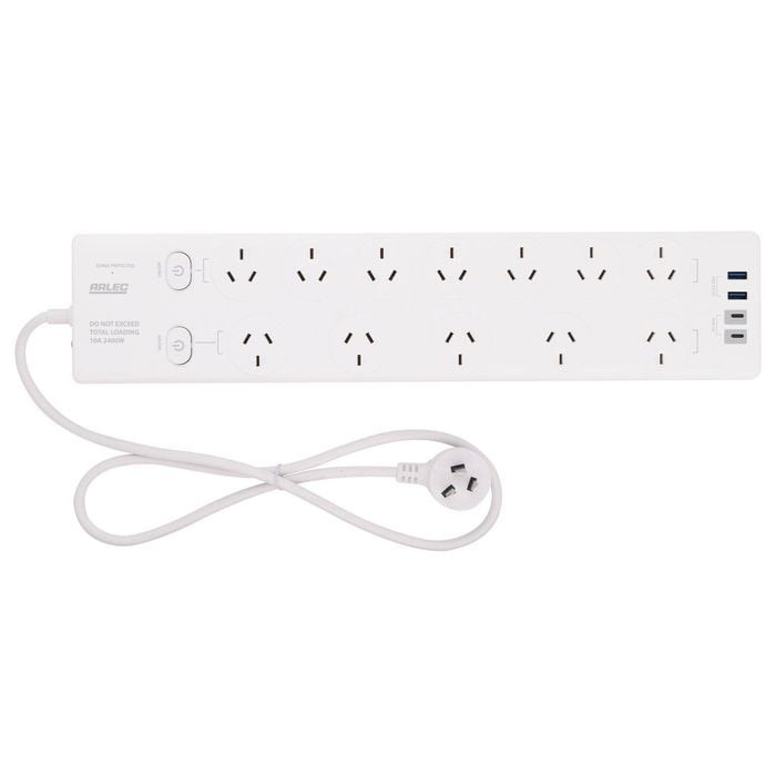 Arlec White 12 Outlet Surge Protected Powerboard With PD20W Rapid Charging USB 2xA & 2xC