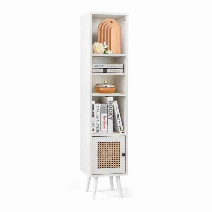Costway Tall Adjustable Rattan Storage Cabinet Bookshelf W/door