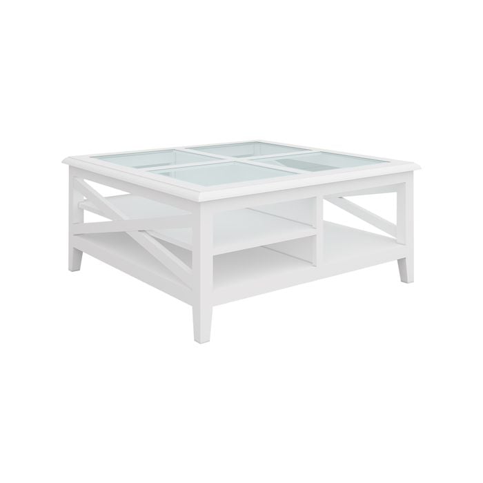 Daisy Coffee Table 100cm Glass Top Solid Acacia Wood Hampton Furniture - White