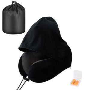 Catzon Travel Neck Pillow with Hood Memory Foam for Neck Support-Plush-Black
