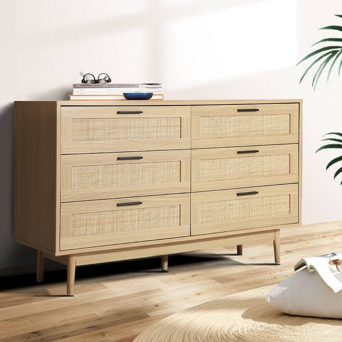 Homfurn 6-drawer Rattan Chest Of Drawers – Coastal Bohemian, Solid Wood Legs, Oak
