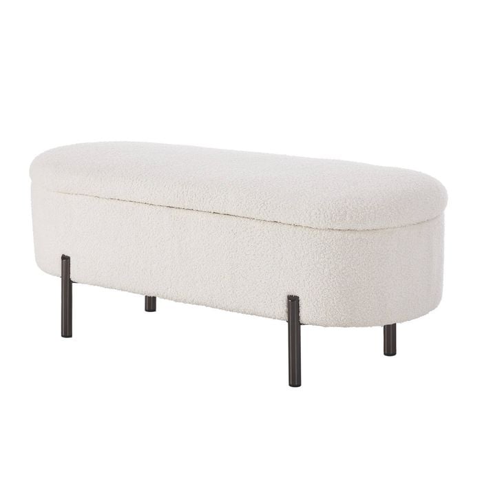 Oikiture Ottoman Storage Bench Oval Footstool Sherpa White