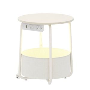 Advwin Side Table Sofa End Table w/ Charging Station Round Nightstand w/ Basket Beige