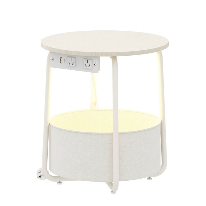 Advwin Side Table Sofa End Table w/ Charging Station Round Nightstand w/ Basket Beige