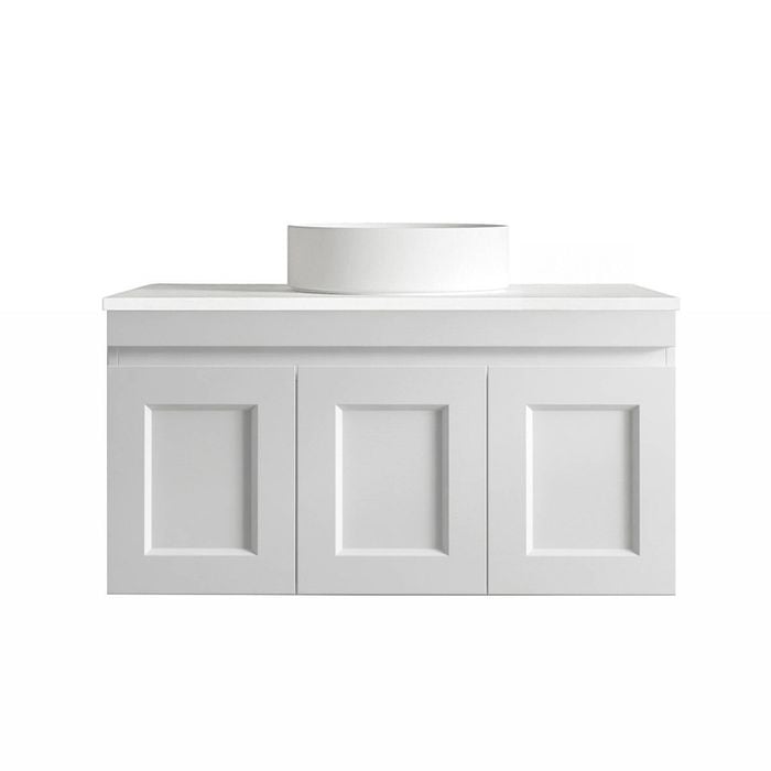 Attica 900mm Satin White Hamptons Shaker Vanity with Pure White Stone Top