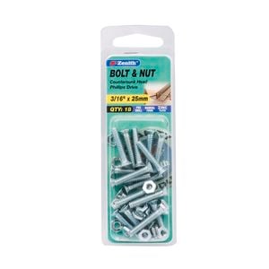 Zenith 3/16" x 25mm Zinc Plated Countersunk Head Bolt And Nut - 18 Pack