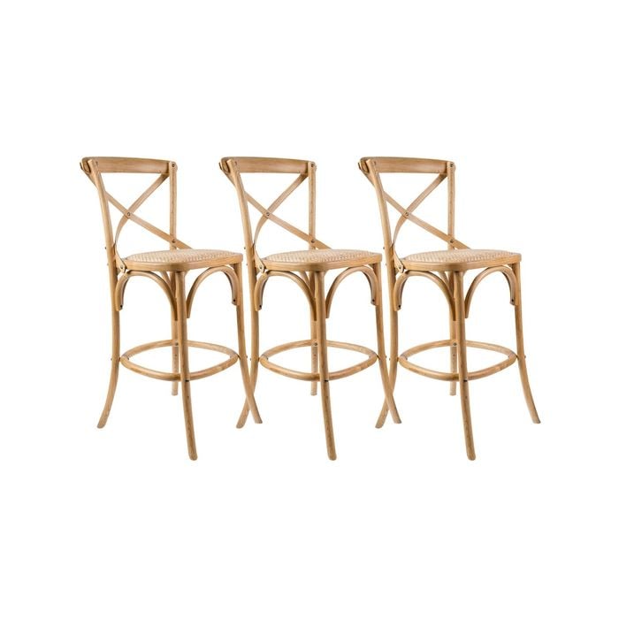 Aster 3pc Crossback Bar Stools Dining Chair Solid Birch Timber Rattan Seat - Oak