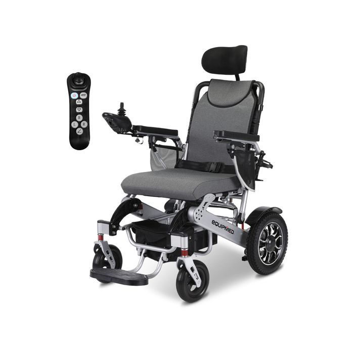 EQUIPMED Power Electric Wheelchair, Long Range, Airline Approved, Alloy, Remote Control, Lithium Battery, Black/Silver