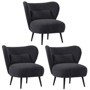 Oikiture 3x Armchair Lounge Chair with Lumbar Pillow Wingback Velvet Charcoal