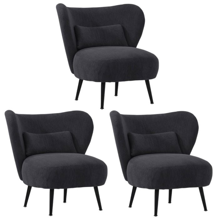 Oikiture 3x Armchair Lounge Chair with Lumbar Pillow Wingback Velvet Charcoal