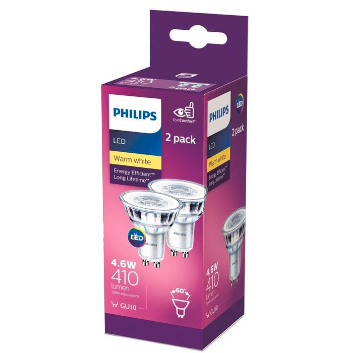 Philips 4.6W GU10 Warm White Classic LED Spot - 2 Pack