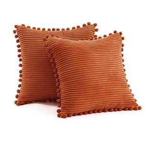Catzon 2 Pcs Boho Decorative Throw Pillow Covers with Pom-poms for Sofa-Orange