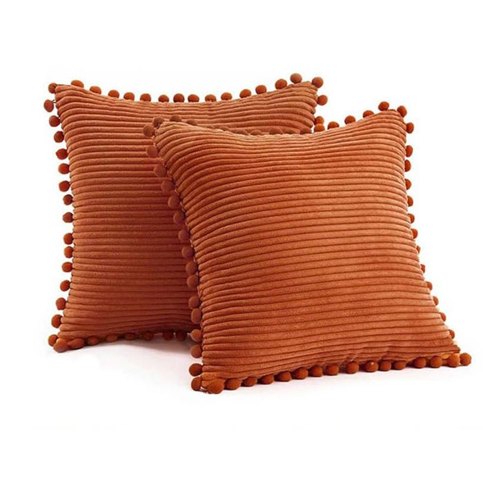 Catzon 2 Pcs Boho Decorative Throw Pillow Covers with Pom-poms for Sofa-Orange