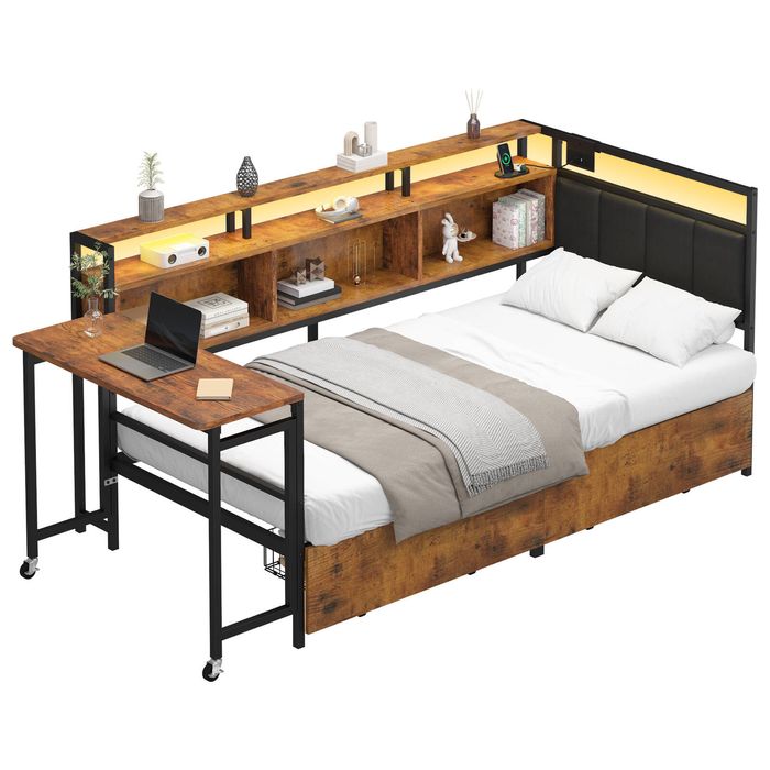 Advwin Single Corner Bed Frame with Foldable Desk, Charging Station & Bookcase Storage, Brown