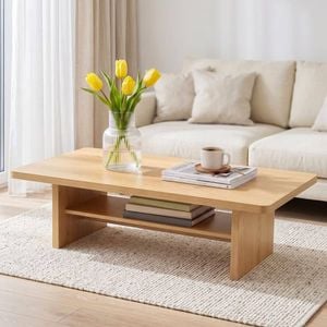 HOMFURN 110cm Coffee Table – 2-Tier Open Shelf, Low Profile, Round Corners, Pine Finish
