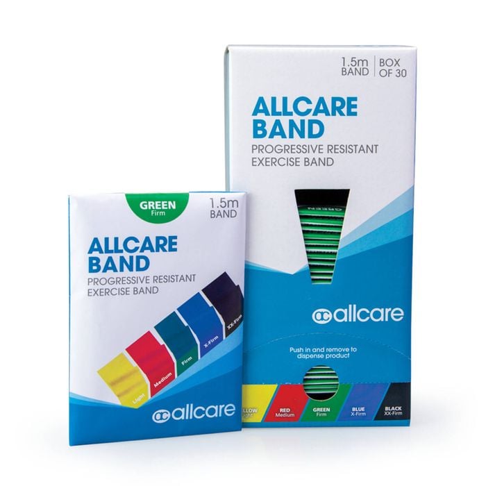 Resistance Band 1.5m Box - 66fit AllCare Exercise Bands - Dispenser Box 30 - Green -  Firm