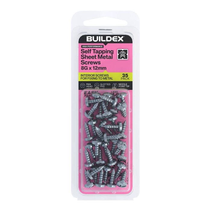 Buildex 8G x 12mm Zinc Plated Self Tapping Sheet Metal Screws - 35 Pack