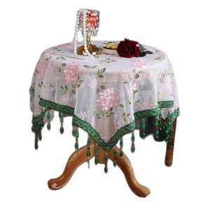 Catzon Lace Square Pink Tablecloth Floral Embroidery Pattern with Bead Tassel