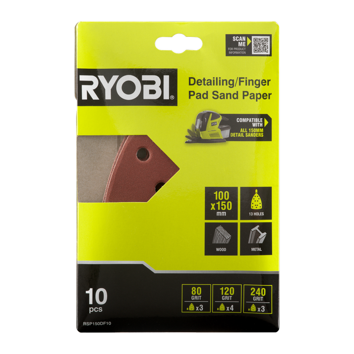 Ryobi 100 x 150mm 10 Piece Detail/Finger Sanding Set