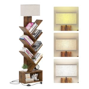 Ufurniture 6 Tier Standing Tree Bookshelf with 3-Color Floor Lamp Rustic Brown
