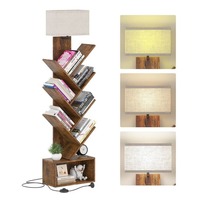 Ufurniture 6 Tier Standing Tree Bookshelf with 3-Color Floor Lamp Rustic Brown