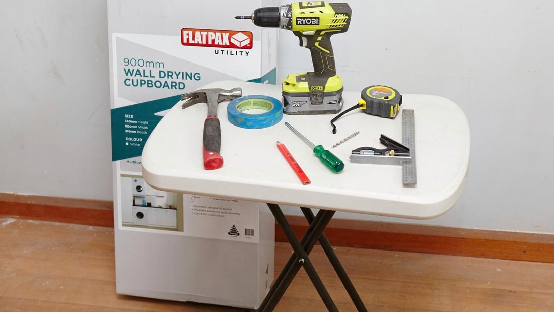 Tools and materials needed to assemble a wall drying cupboard