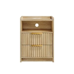 Ufurniture Side Table with 2 Drawers and Open Shelf Bedside Table Nightstand with Charging Station Oak