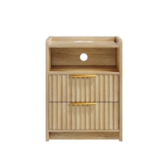 Ufurniture Side Table with 2 Drawers and Open Shelf Bedside Table Nightstand with Charging Station Oak