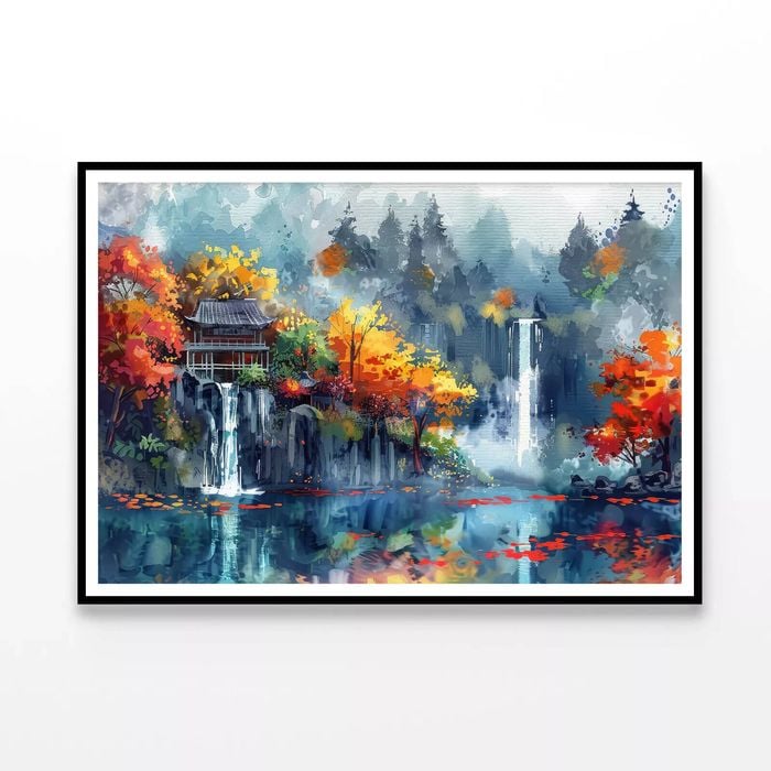 Waterfall, Trees & Building  Print 100% Australian Made 90x60cm  (Poster)