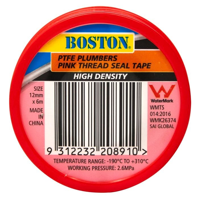 BOSTON 12mm x 6m Pink High Density Plumbers Thread Seal Tape